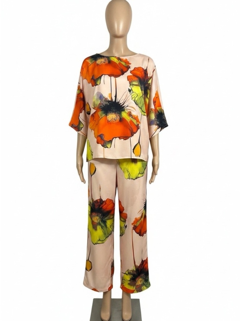 Abstract Floral Two-Piece Set in Orange & Lime